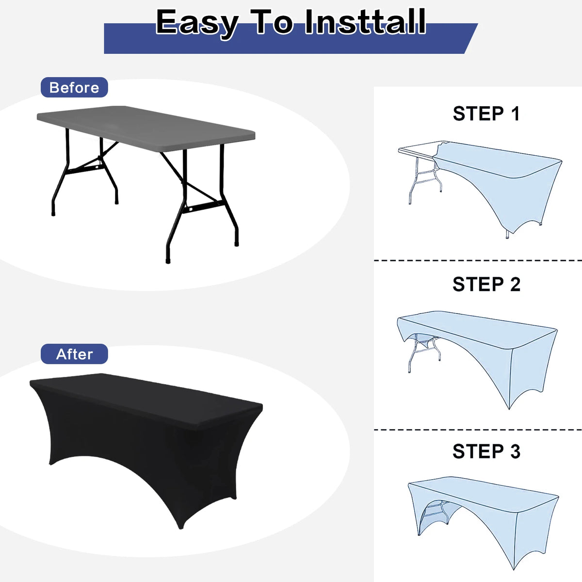 Instructions showing how to install a stretch fitted spandex table cover on a folding table in three steps.