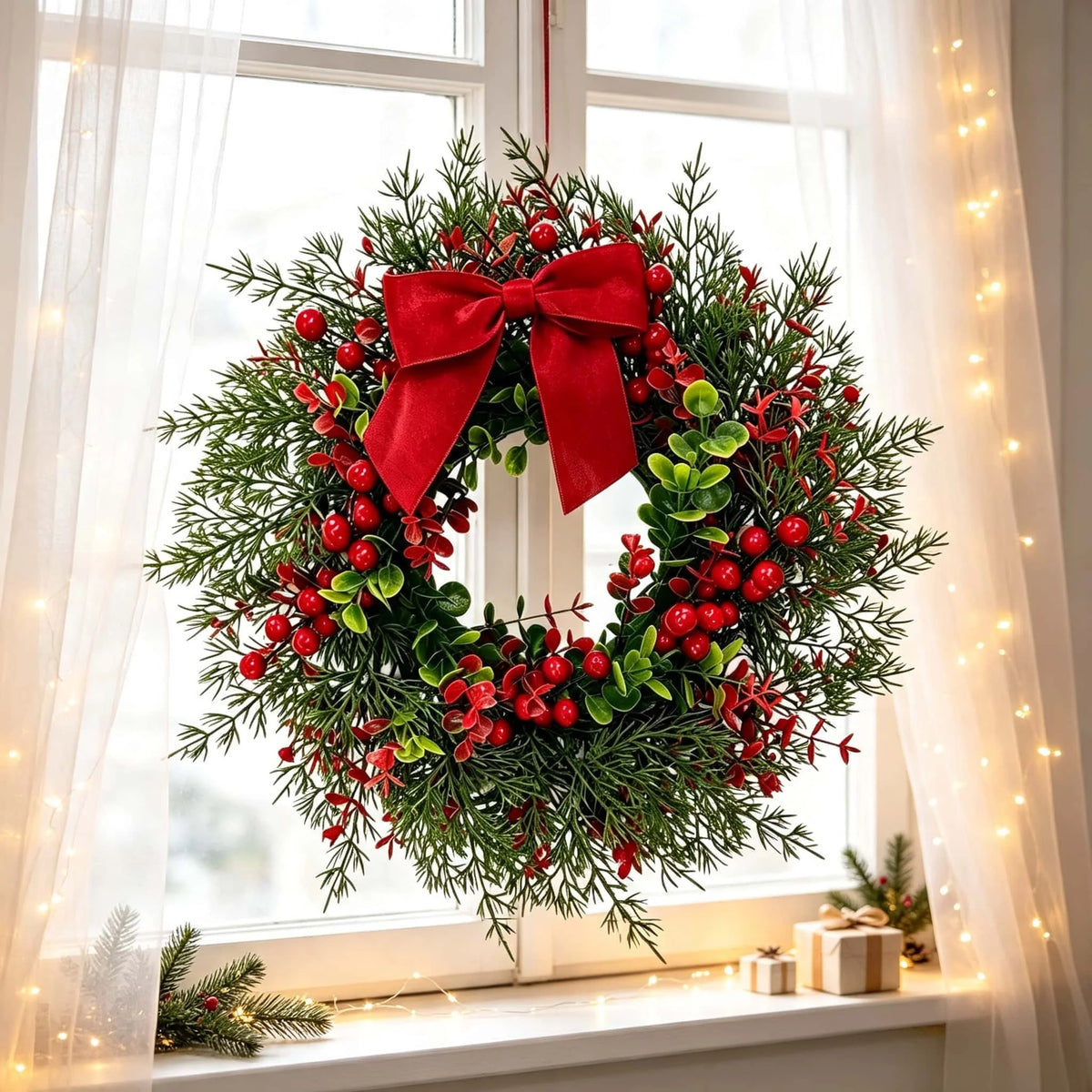 A festive wreath made of artificial pine and eucalyptus greenery decorated with bright red berries, displayed by a window.