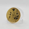 A round gold commemorative iron coin featuring a detailed depiction of a ram's head and flames.