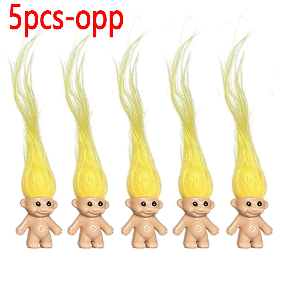 Five yellow hair extensions or wigs for troll dolls