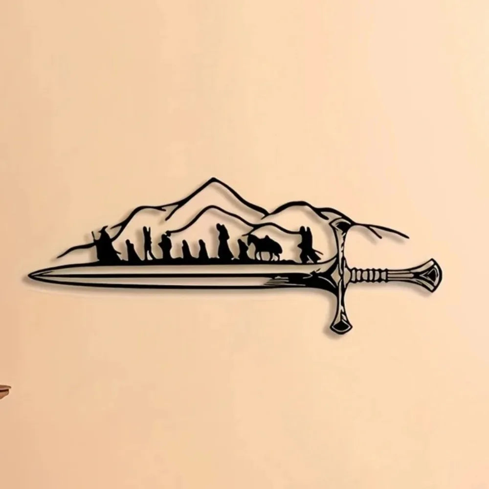 Metal wall art depicting a silhouette of a sword with a mountain range and figures from Lord of the Rings
