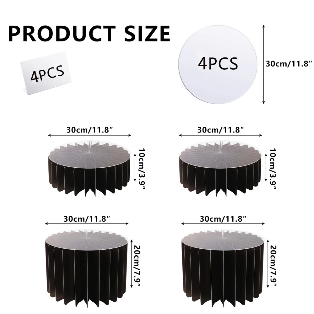 Black folding dessert table cupcake display stand with various sizes shown in a circular view and profile.
