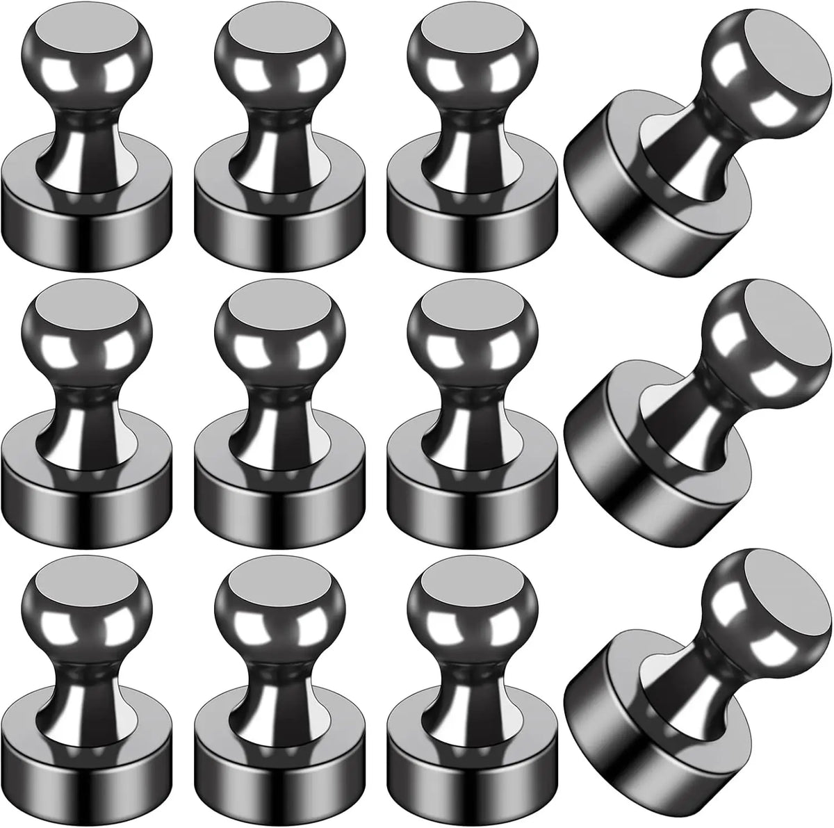 A set of twelve silver magnetic whiteboard stickers for various surfaces.