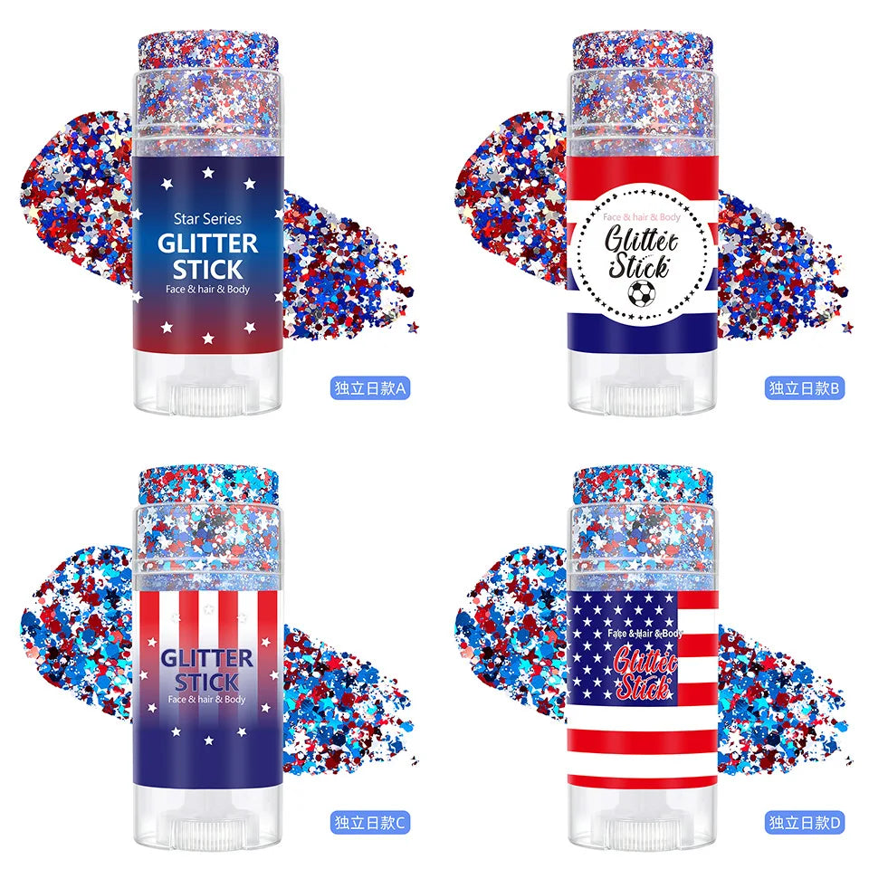 Collection de bâtons de paillettes imperméables multi-usages dans diverses couleurs et emballages.