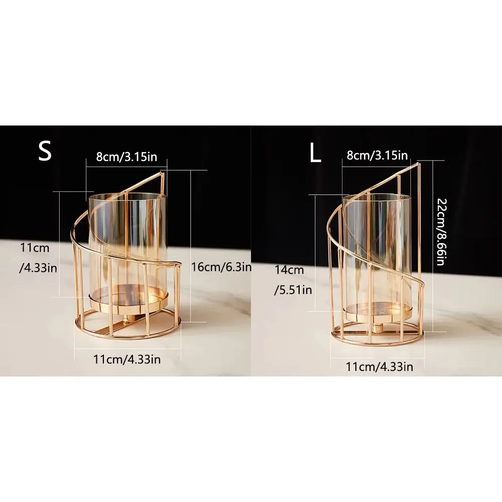 Two versions of an elegant metal and glass candle holder, small (S) and large (L), shown in profile.