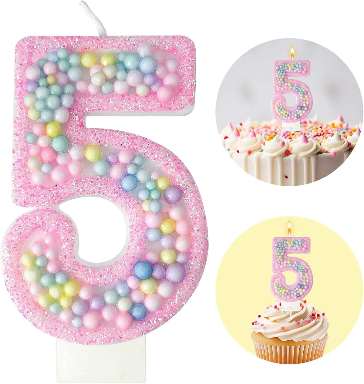 Pink macaron number 5 birthday candle set featuring a large cutout and a cupcake design