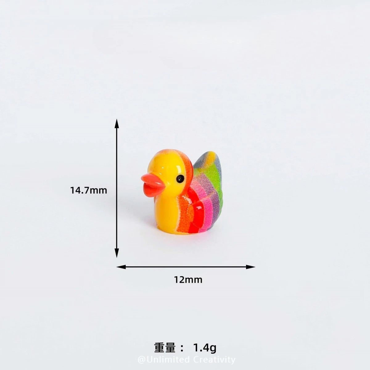 A small, colorful resin duck decoration with a yellow body and green back, shown against a white background.