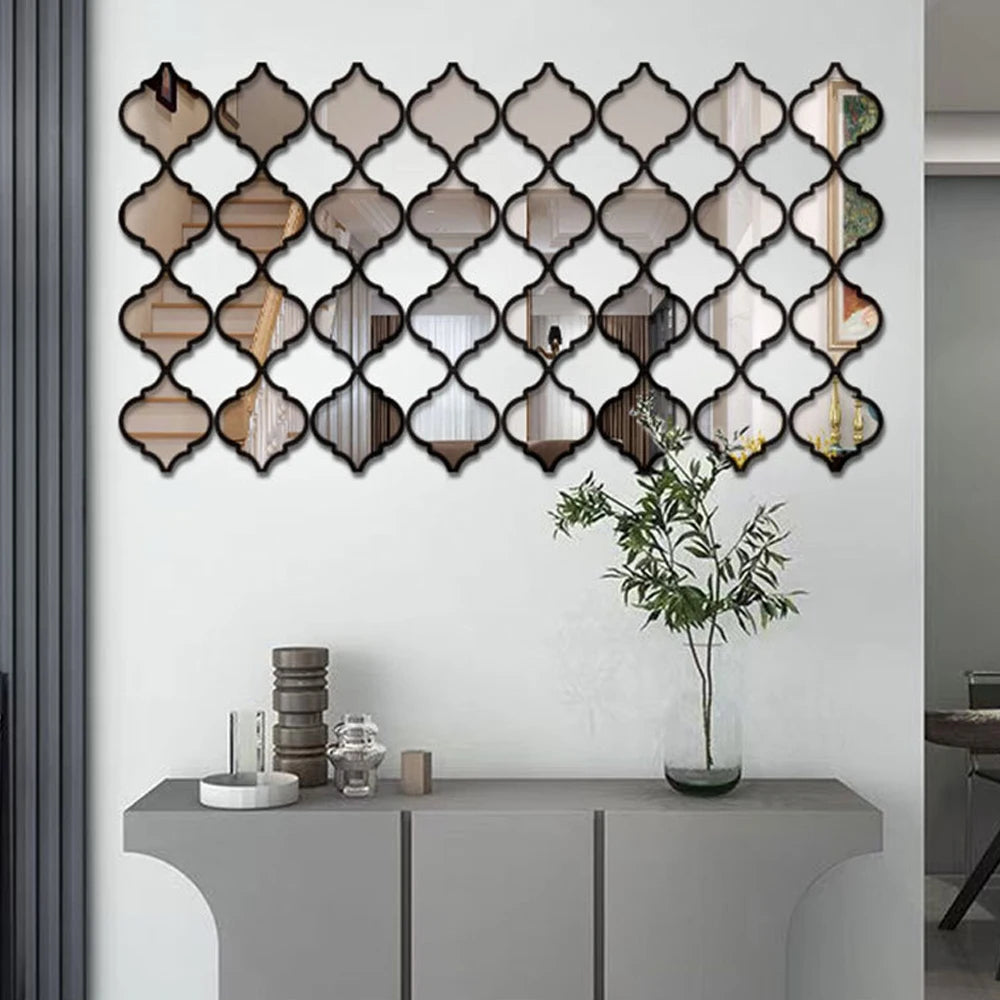 Moroccan acrylic mirror wall stickers displayed on a white wall above a gray cabinet.