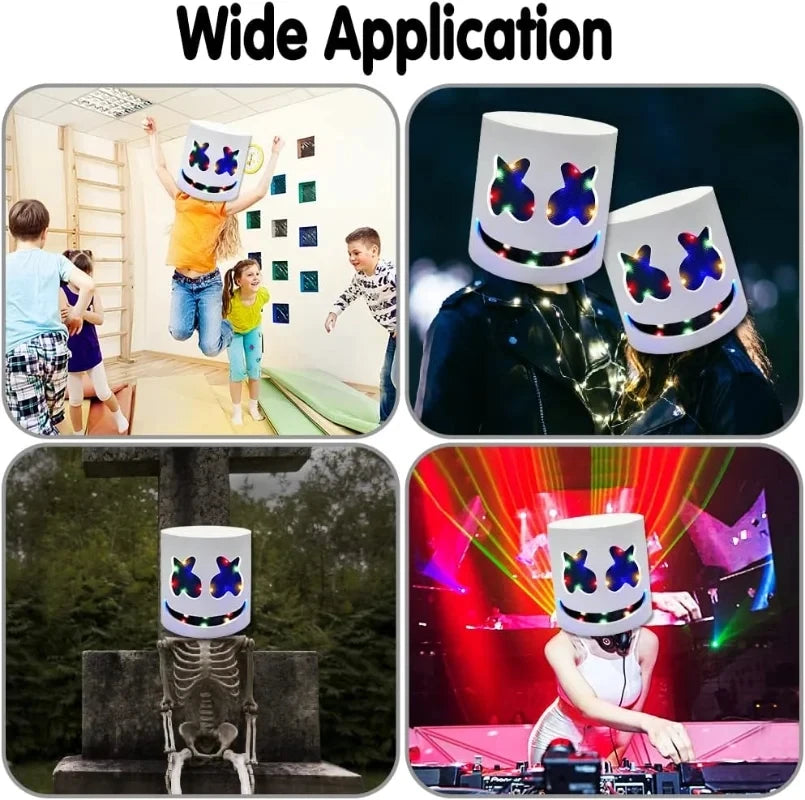 A glowing neon LED party mask with flashing light modes is shown in various applications including a costume, a display, and 