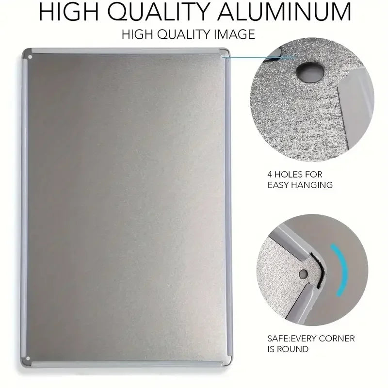 A rectangular aluminum sign with a round hole for hanging, showing a high quality image.