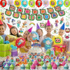 A colorful party supplies kit featuring balloons, cake, and tableware for a birthday celebration.