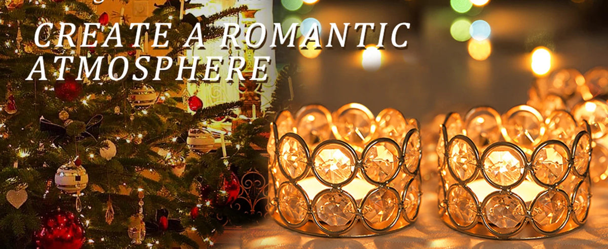 A close-up of a festive holiday scene featuring a decorated Christmas tree and glowing gold votive candle holders.