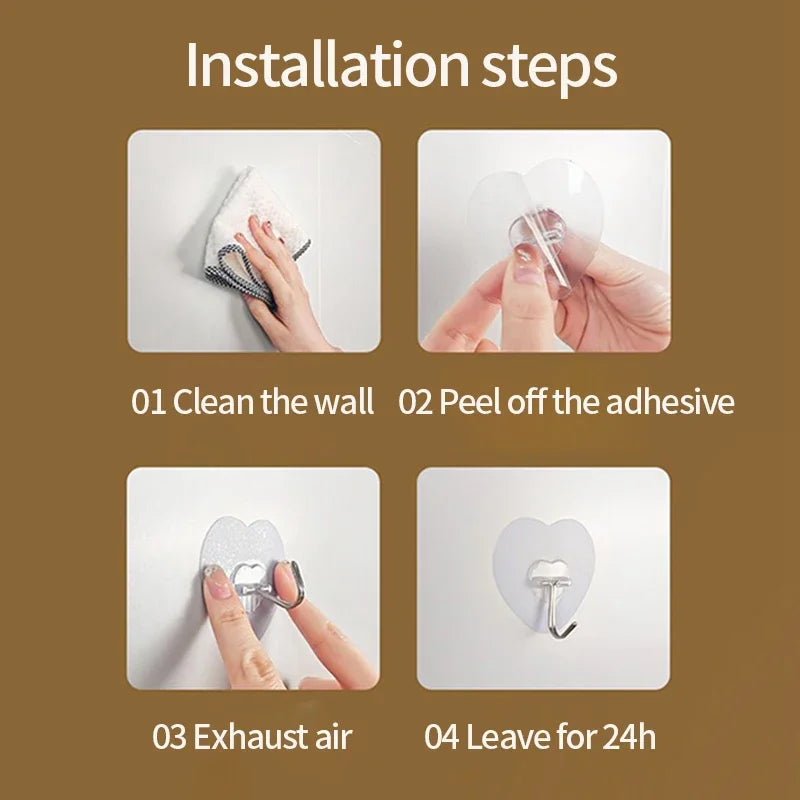 Installation steps showing how to clean the wall, peel off adhesive, exhaust air, and leave for 24 hours.