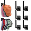 A set of black adhesive cap holder hooks for wall mounted hat storage, shown in various colors.