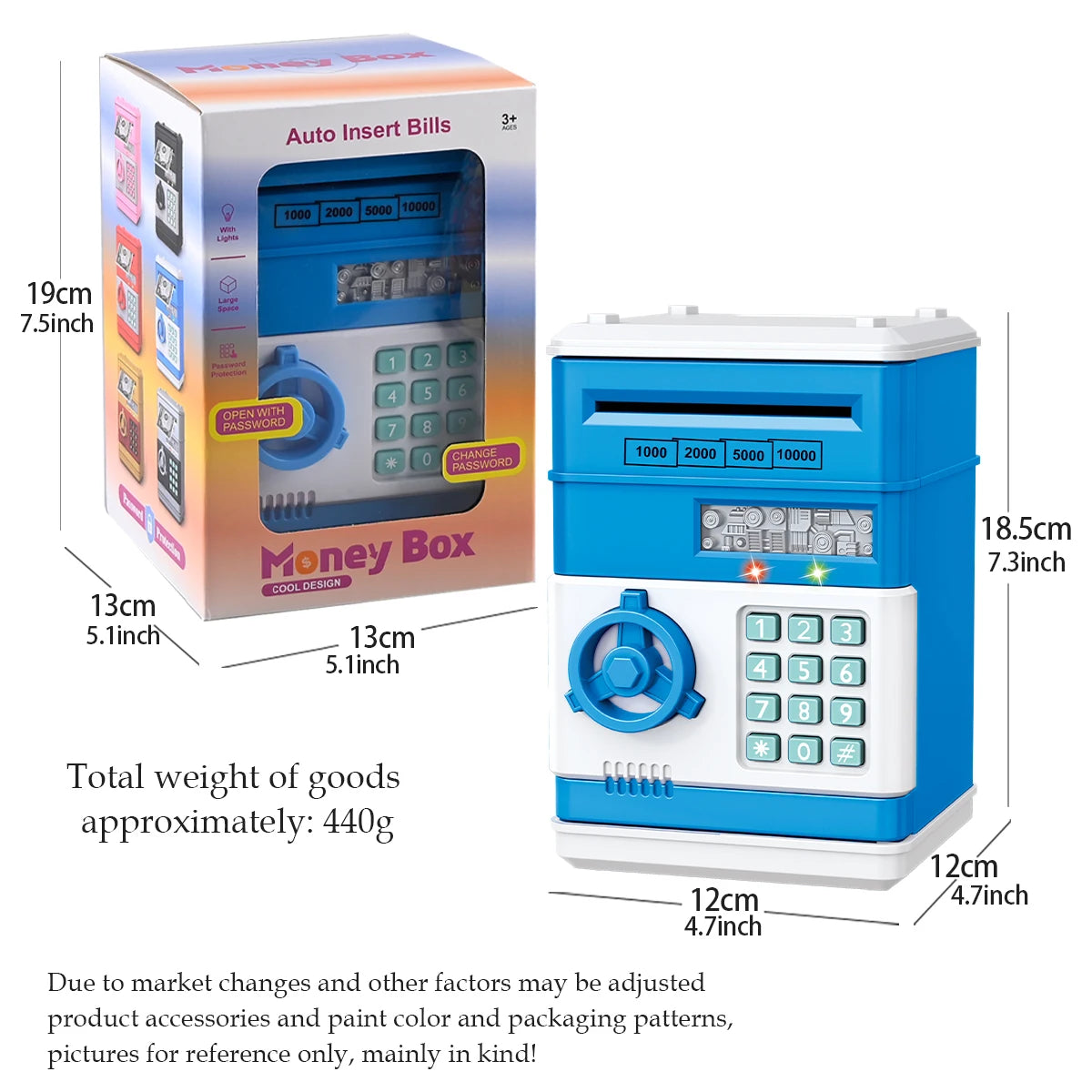 A blue and white money box with a digital display and buttons for saving money.