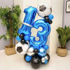 A large blue and silver foil balloon number 13 shaped like a football, surrounded by various sized balloons.