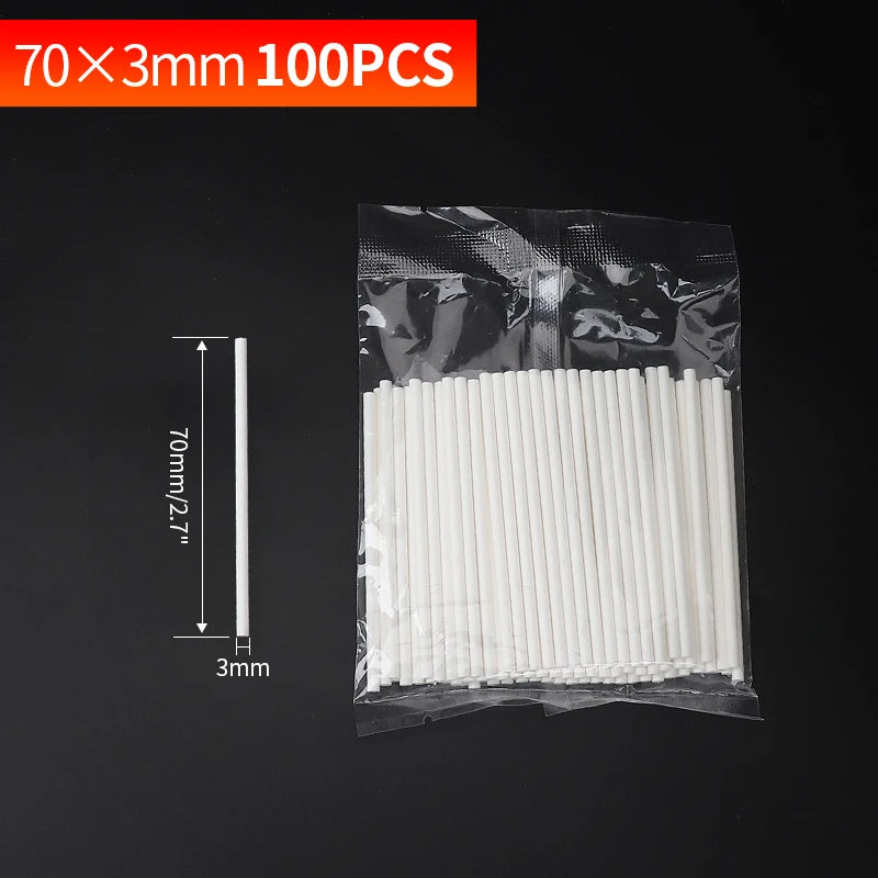 A package of 100 white paper lollipop sticks, each measuring 70mm long and 3mm in diameter.