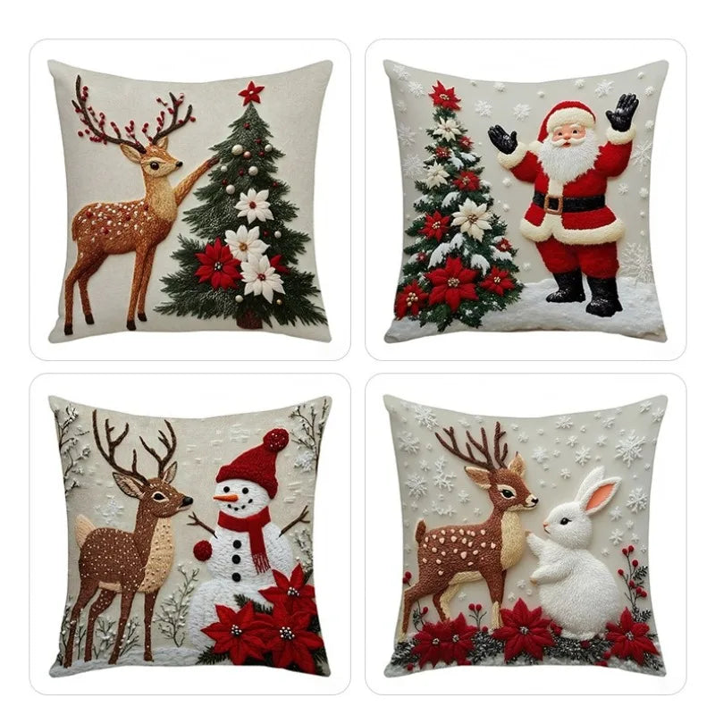 A set of four festive Christmas linen throw pillow covers featuring reindeer, Santa Claus, and a decorated Christmas tree.
