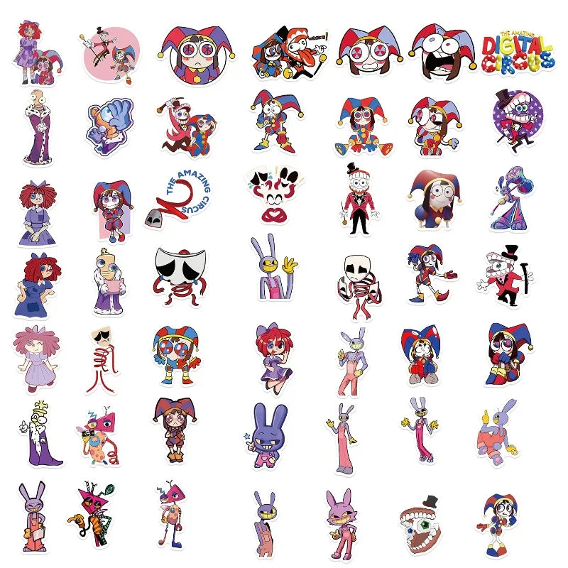 A collection of digital circus themed stickers featuring characters and elements.