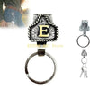 Silver metal belt keychain featuring a large embossed letter E and a quick-release clip.