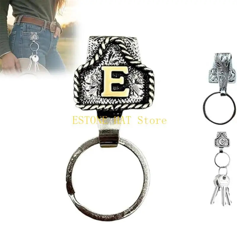 Silver metal belt keychain featuring a large embossed letter E and a quick-release clip.