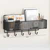 Black wire wall mounted storage basket for books and pencils, designed for bunk beds or dorm rooms.