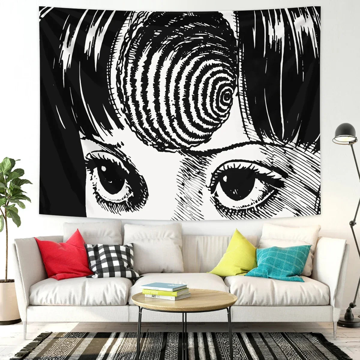 A black and white manga-style tapestry featuring a close-up of an intense eye.