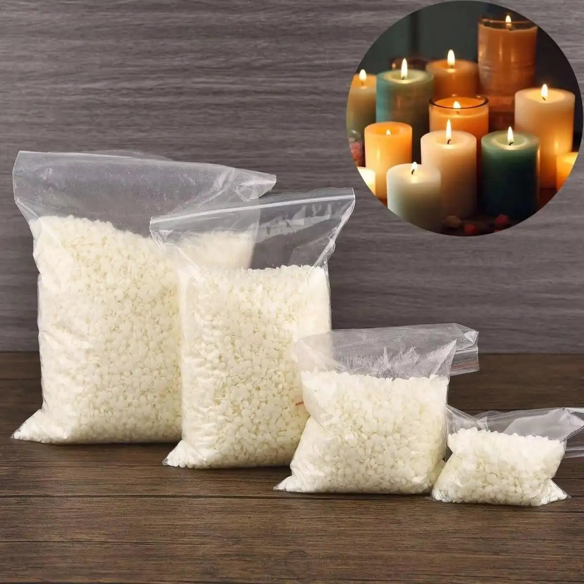 White soy wax flakes packaged in clear plastic bags with colored candles in the background