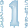 A large light blue foil number balloon shaped like the number one, surrounded by smaller numbers.