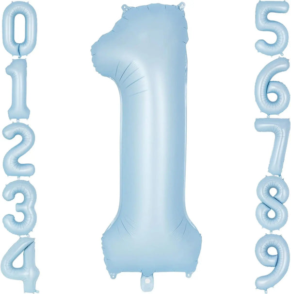 A large light blue foil number balloon shaped like the number one, surrounded by smaller numbers.