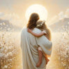 A painting of Jesus embracing a woman, silhouetted against a bright, golden sun in a field of white flowers.