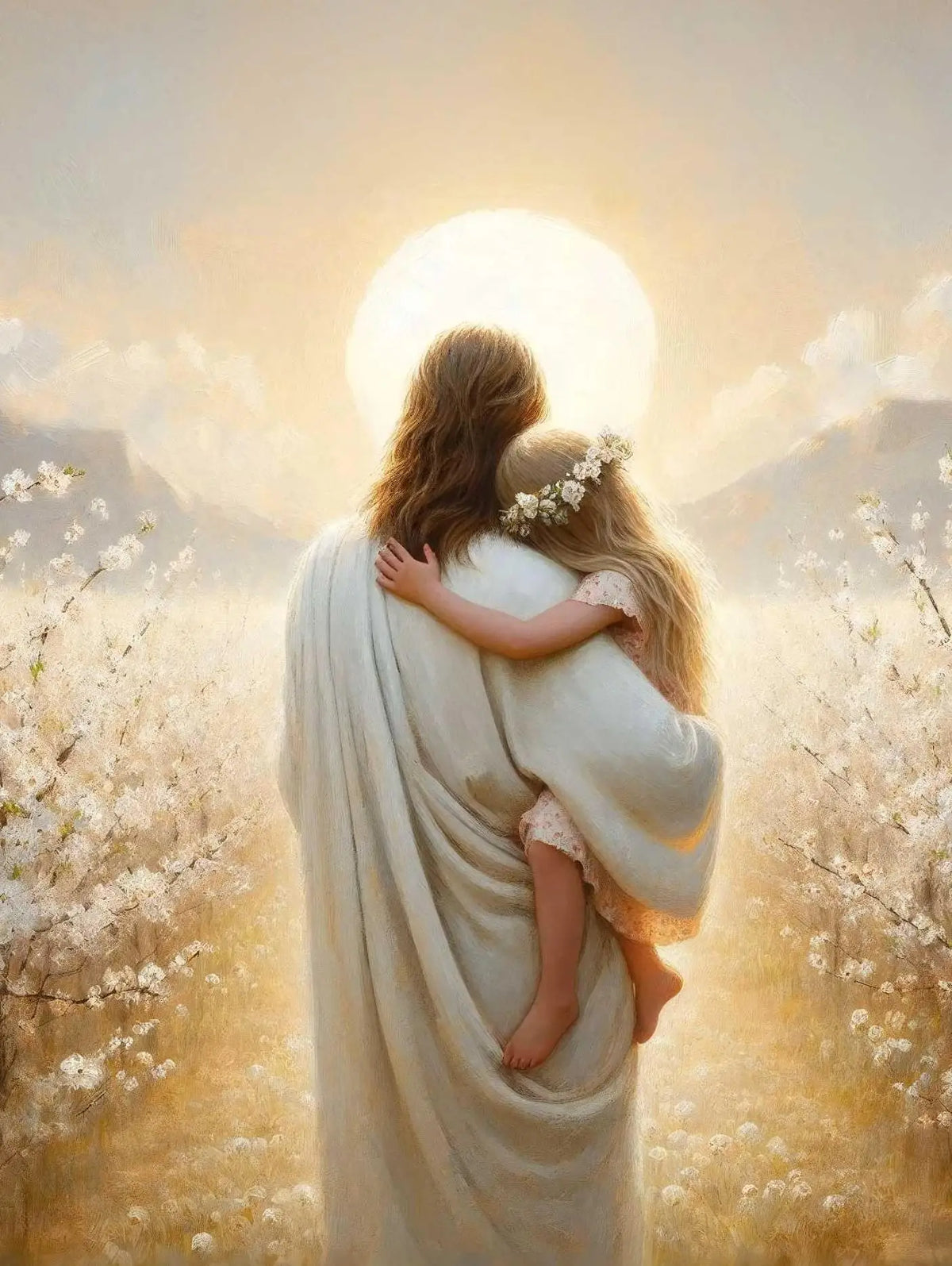 A painting of Jesus embracing a woman, silhouetted against a bright, golden sun in a field of white flowers.