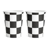 A set of two black and white checkered paper cups for a birthday racing car party decoration.