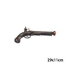 A dark brown pirate pistol costume prop with a wooden grip and orange barrel.