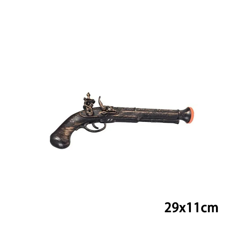 A dark brown pirate pistol costume prop with a wooden grip and orange barrel.