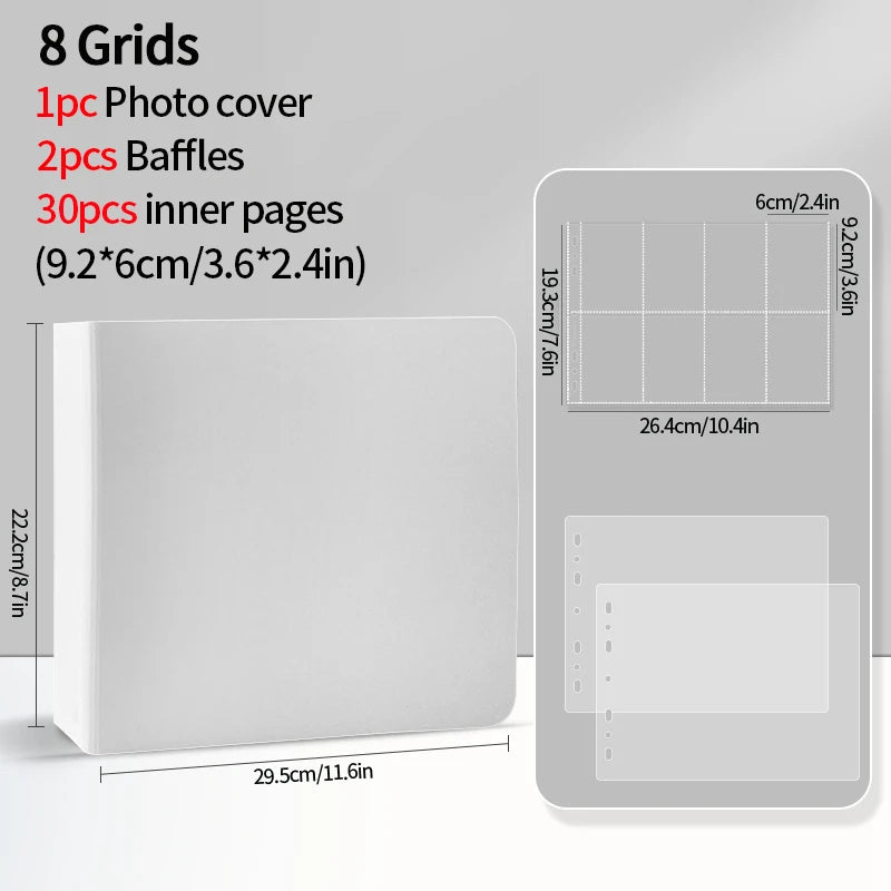 A white photo card binder with 8 grids, including a photo cover, baffles, and inner pages.