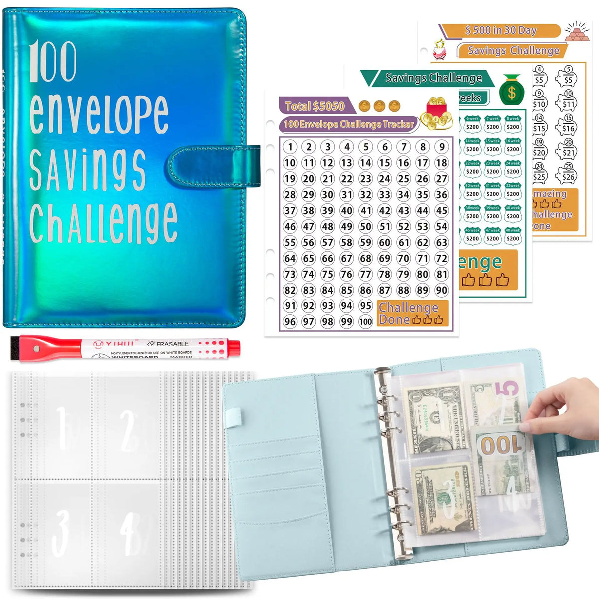 A teal envelope binder for a 100 envelope savings challenge with tracking sheets and cash envelopes.