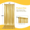 A vertical gold satin backdrop curtain measuring 5ft wide and 10ft high with a 4 inch rod pocket.