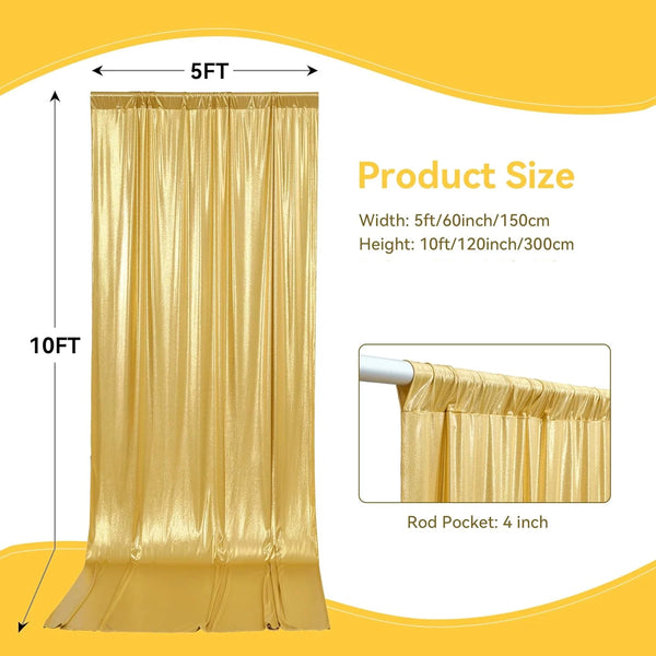 A vertical gold satin backdrop curtain measuring 5ft wide and 10ft high with a 4 inch rod pocket.