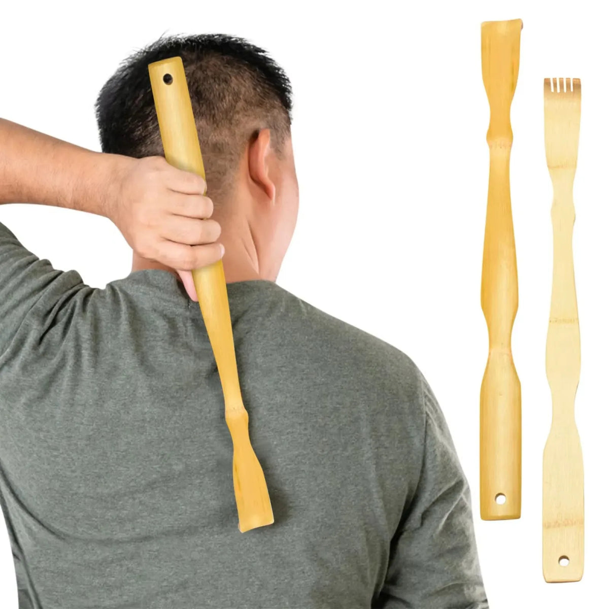 A person is using a bamboo back scratcher with a roller massager on their back.