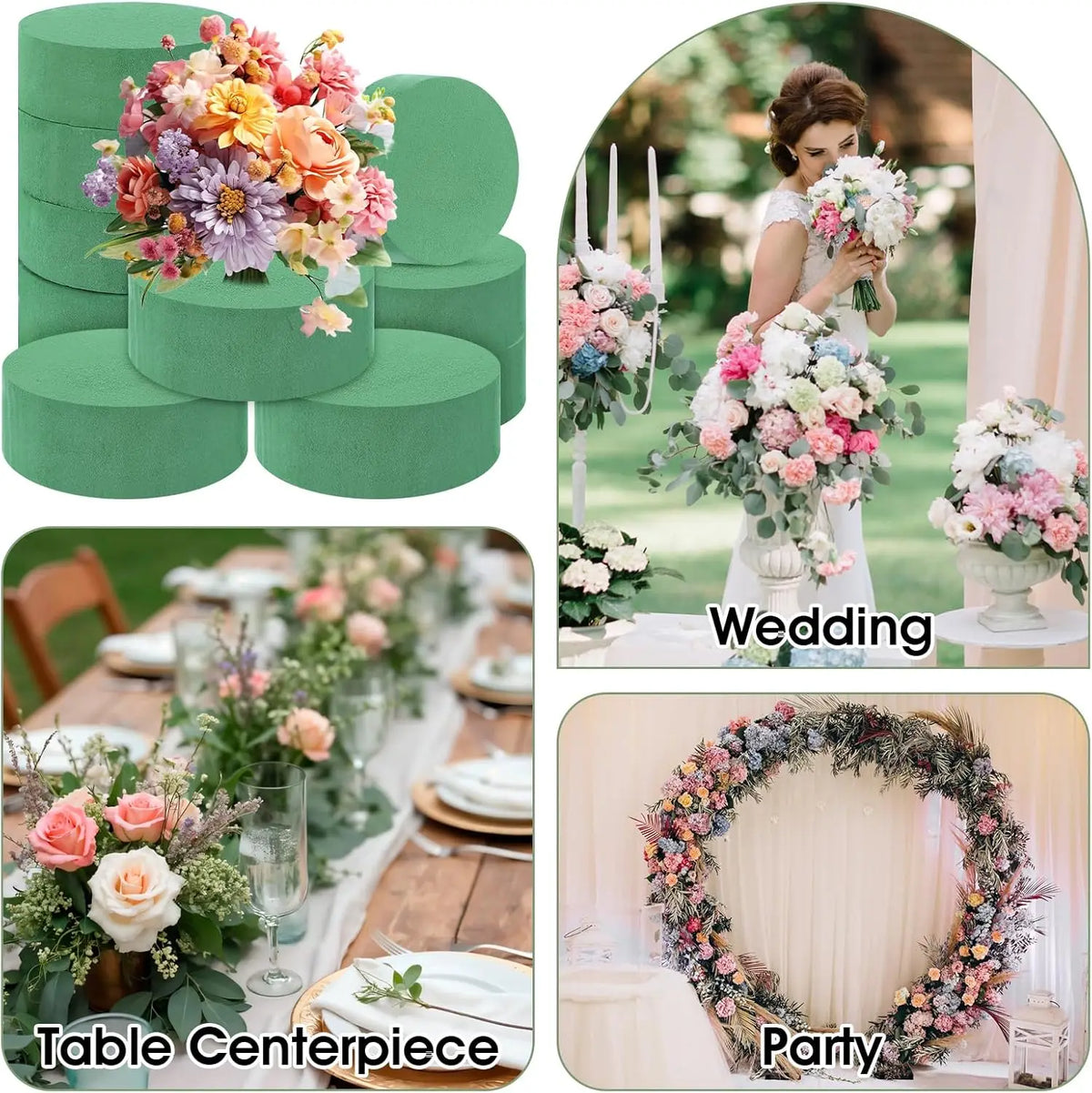 Round green floral foam blocks used for creating fresh and artificial flower arrangements.