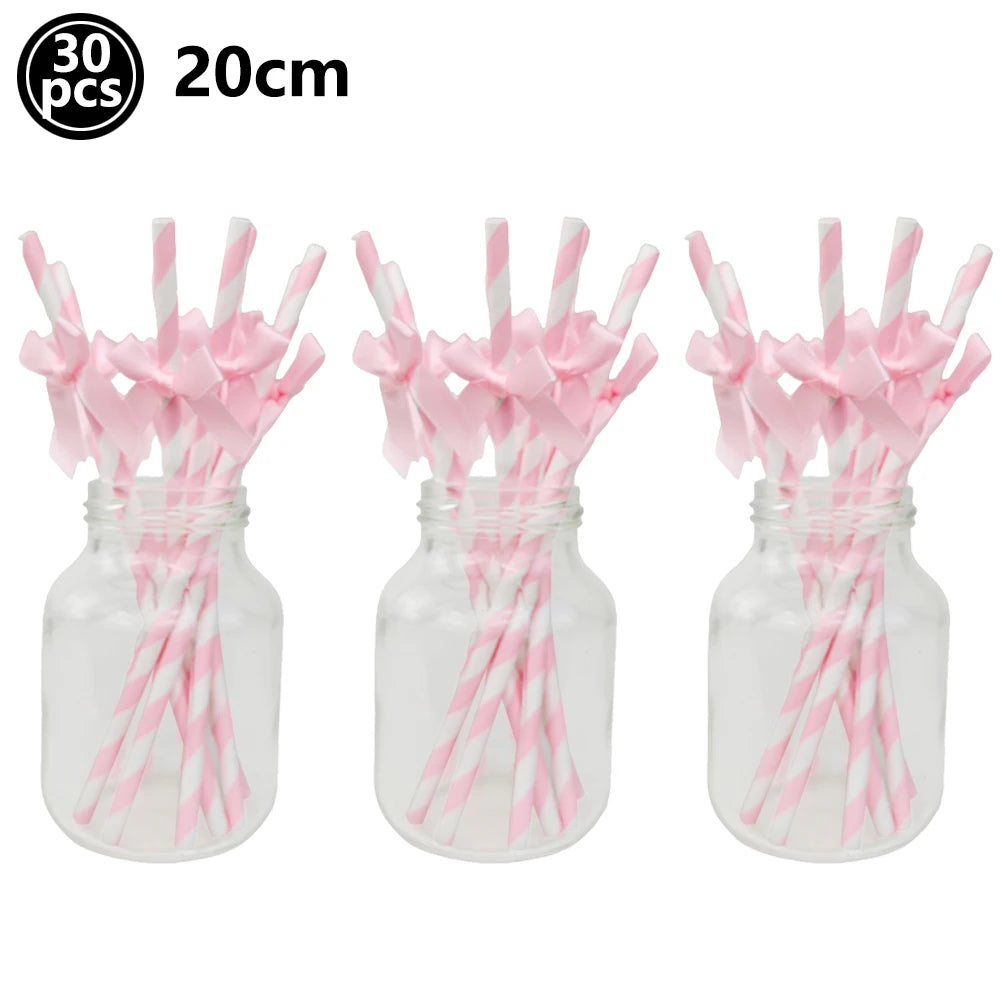 A set of 30 pink striped straws in a bow theme packaged for birthday party supplies.