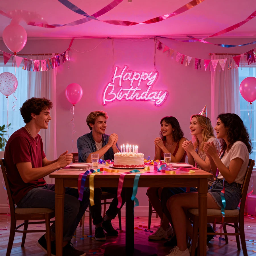 A group of friends celebrating a birthday with a neon sign that reads Happy Birthday