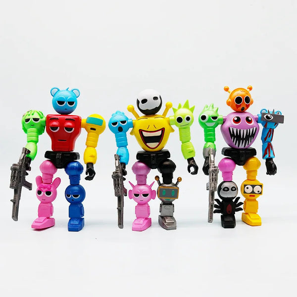 A collection of colorful robot joint mobile assembly worker game dolls and models.