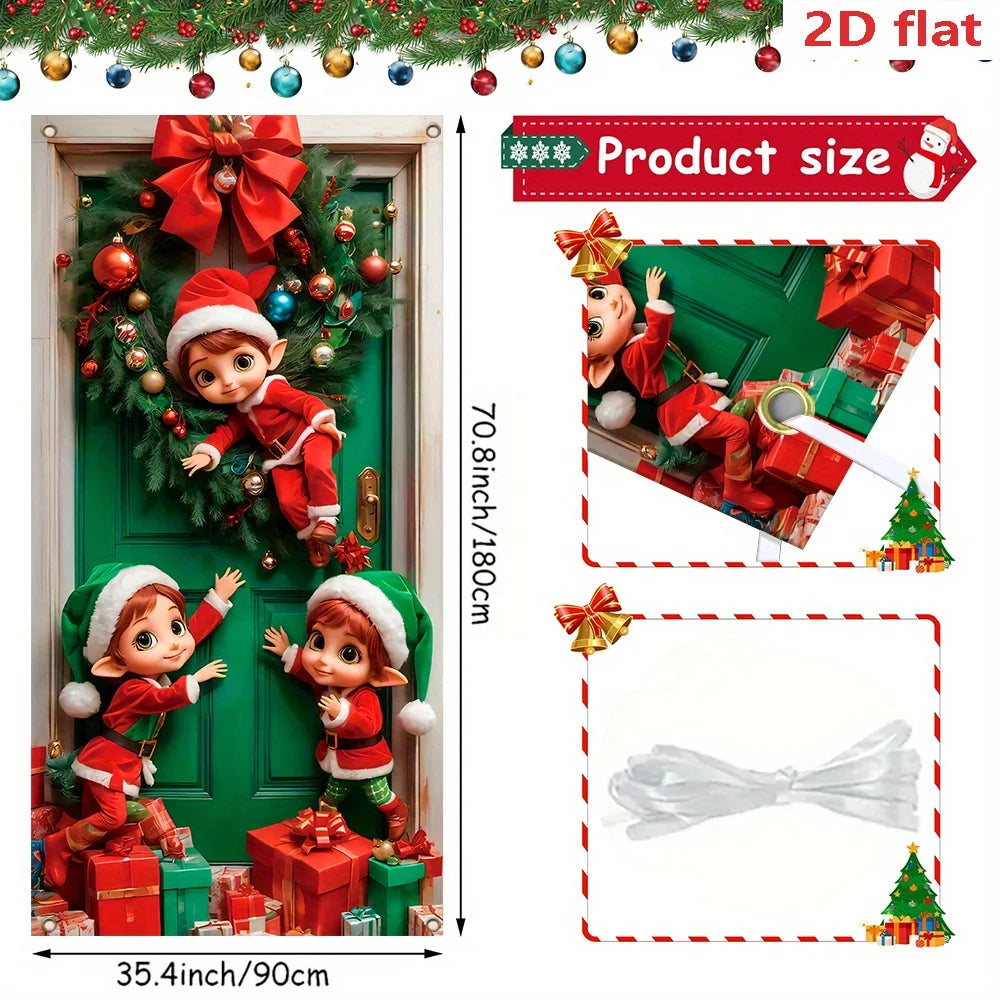 Festive Christmas elf door curtain featuring gift motifs and elf figures on a green door.