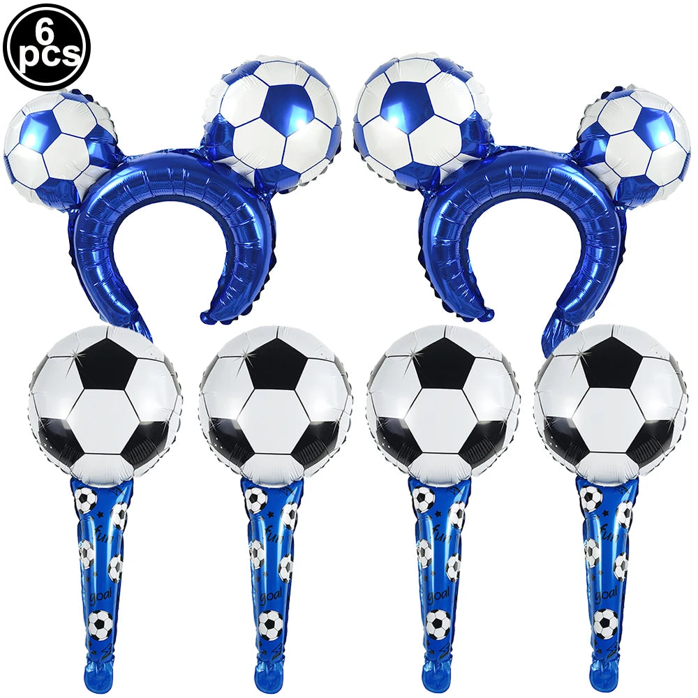 Set of six blue and silver standing soccer balloons for party decoration
