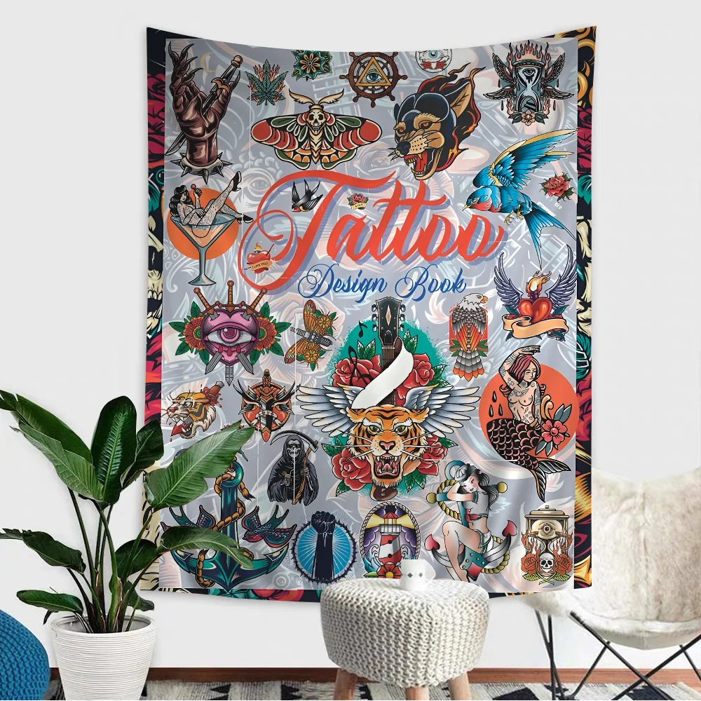 A colorful tapestry featuring a wild tiger and vintage tattoo designs of women.