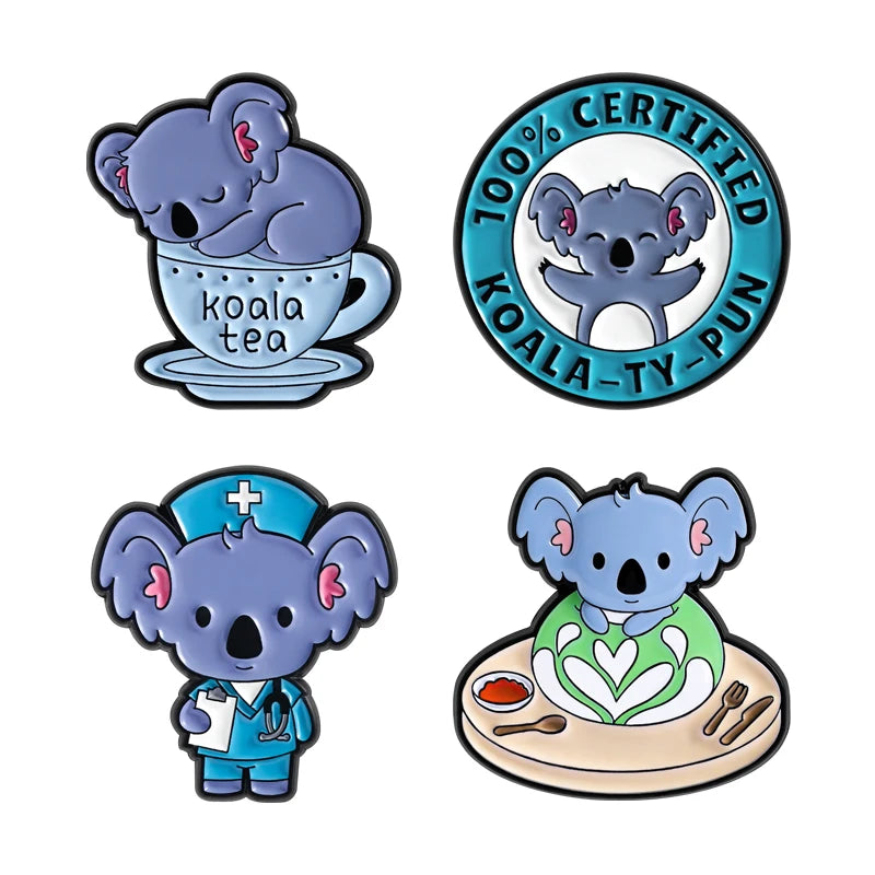 A set of enamel pins featuring cartoon koala tea, a certified koala-ty-pun, and a koala with a flower design.