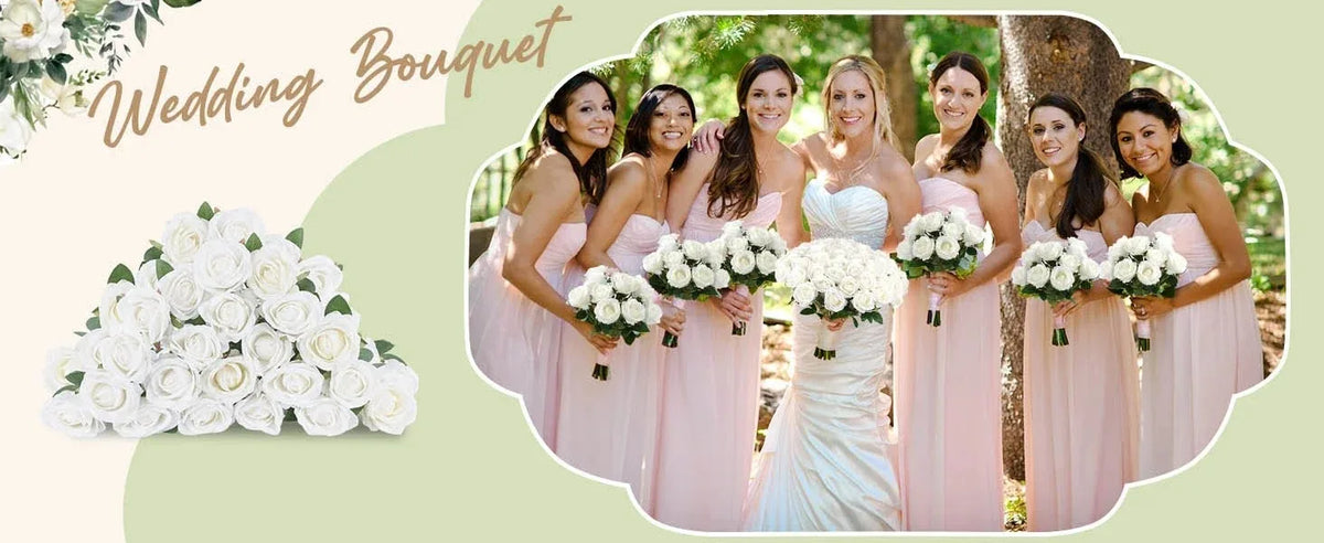 A group of women in pink dresses holding bouquets of white roses for a wedding photo.