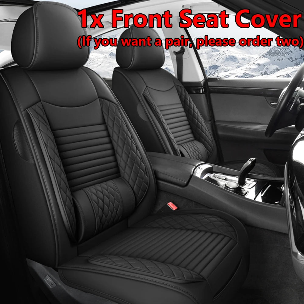 A set of black front seat covers for a car, showing the texture and fit on a driver's seat.